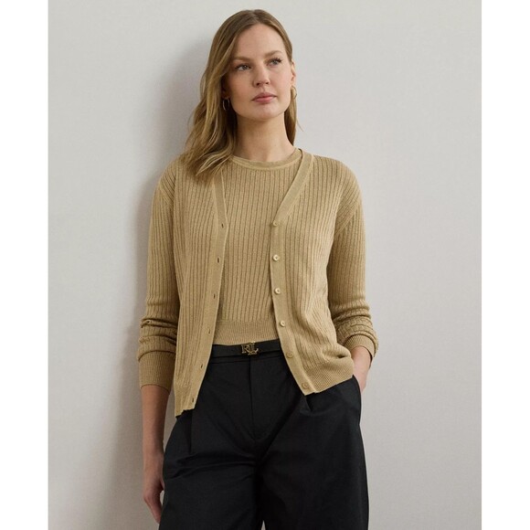 Lauren Ralph Lauren Sweaters - Lauren Ralph Lauren Women's Rib-Knit Linen-Blend V-Neck Cardigan Tan M